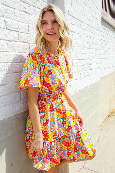 Spring Vibes Coral Notch Neck Smocked Waist Ruffle Hem Dress
