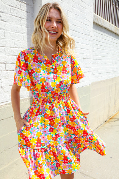Spring Vibes Coral Notch Neck Smocked Waist Ruffle Hem Dress