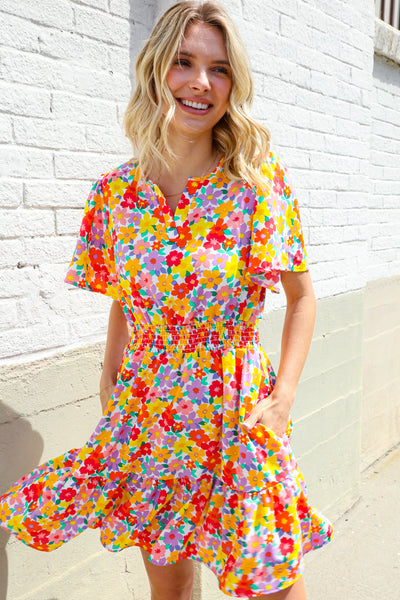 Spring Vibes Coral Notch Neck Smocked Waist Ruffle Hem Dress
