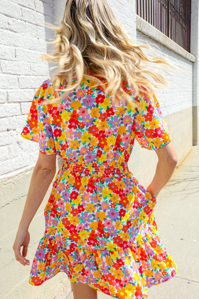 Spring Vibes Coral Notch Neck Smocked Waist Ruffle Hem Dress