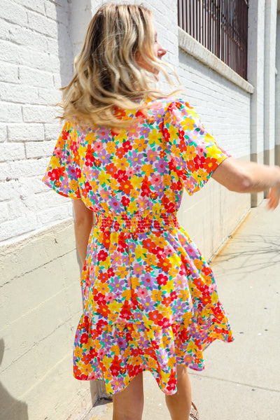 Spring Vibes Coral Notch Neck Smocked Waist Ruffle Hem Dress