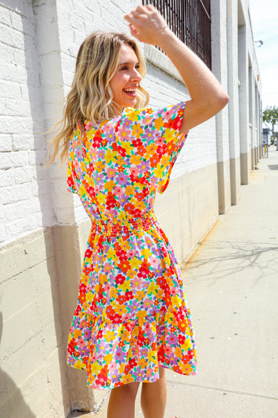 Spring Vibes Coral Notch Neck Smocked Waist Ruffle Hem Dress