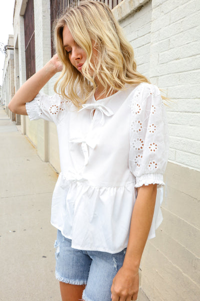 Charming In White Cotton Babydoll Bow Tie Eyelet Top