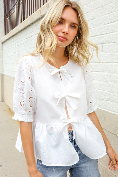 Charming In White Cotton Babydoll Bow Tie Eyelet Top