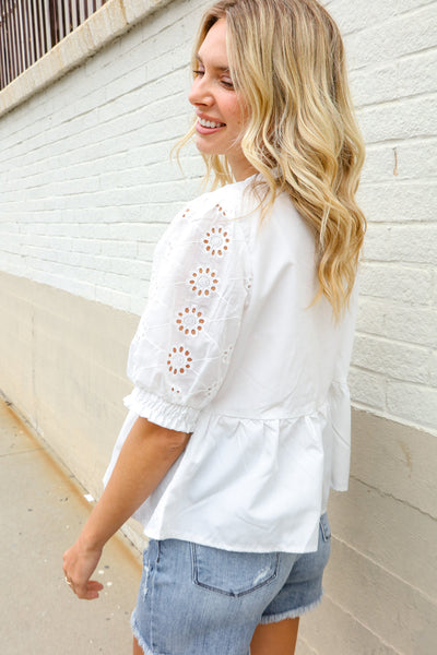 Charming In White Cotton Babydoll Bow Tie Eyelet Top