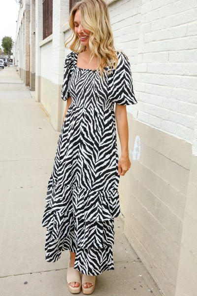 Look My Way Black/White Abstract Print Smocked Neck Maxi Dress