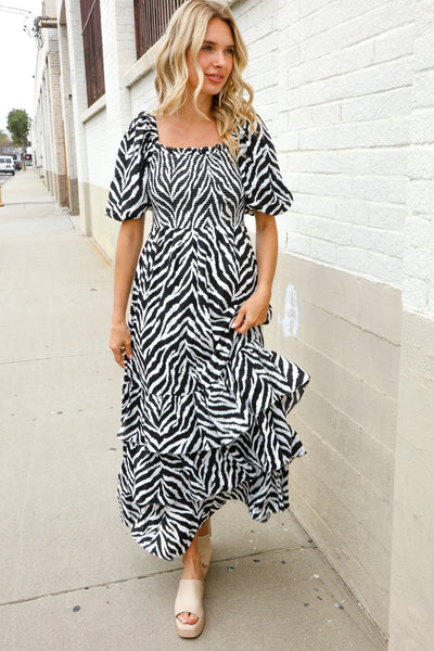 Look My Way Black/White Abstract Print Smocked Neck Maxi Dress