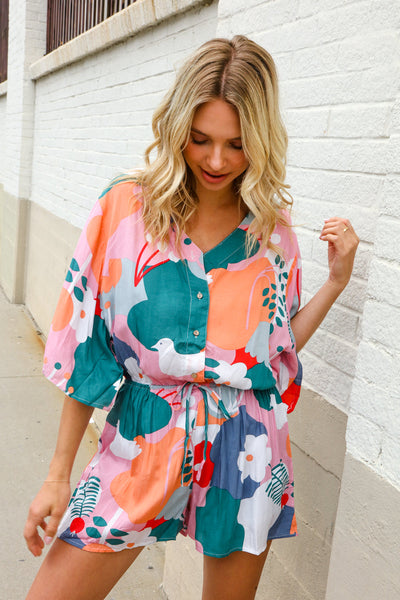 Feeling Whimsical Abstract Print V Neck Ballon Sleeve Romper