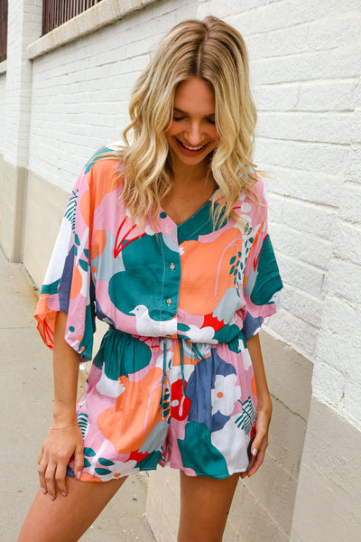 Feeling Whimsical Abstract Print V Neck Ballon Sleeve Romper