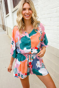 Feeling Whimsical Abstract Print V Neck Ballon Sleeve Romper