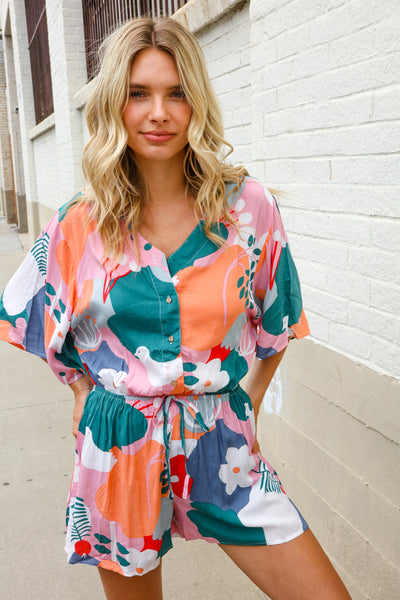 Feeling Whimsical Abstract Print V Neck Ballon Sleeve Romper