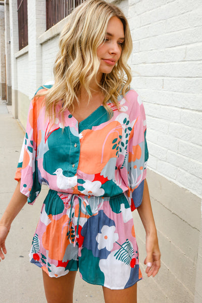 Feeling Whimsical Abstract Print V Neck Ballon Sleeve Romper