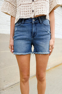 Judy Blue Medium Blue Mid Rise Fray Distressed Denim Shorts