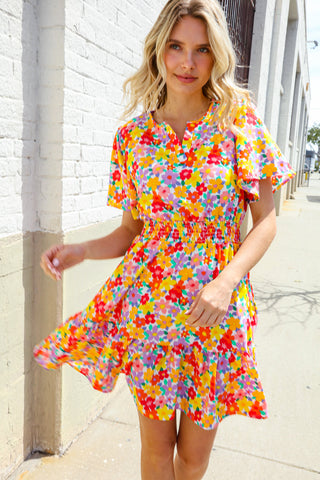 Spring Vibes Coral Notch Neck Smocked Waist Ruffle Hem Dress