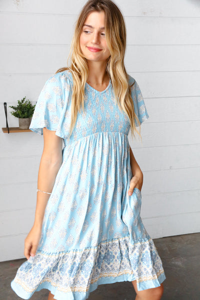 Light Blue Paisley Fit and Flare Smocked Midi Dress