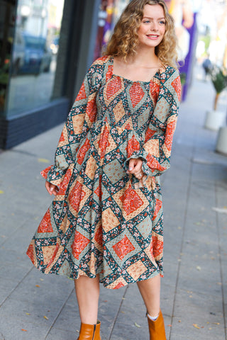 Join Me Later Rust/Teal Boho Smocked Woven Midi Dress