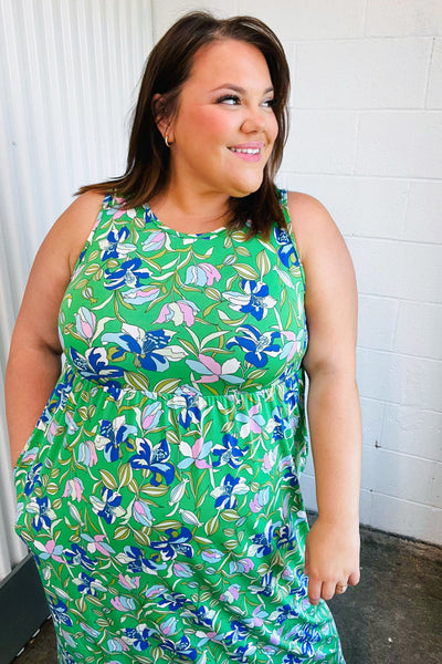 Green & Blue Floral Print Fit and Flare Maxi Dress