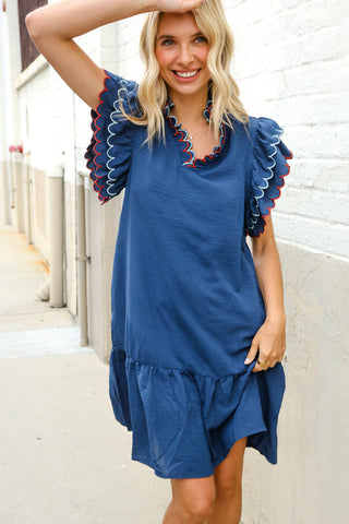 Stand Out Navy Embroidered Double Flutter Sleeve Babydoll Dress