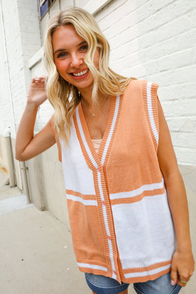 Put Together Orange V Neck Button Down Color Block Sweater Vest