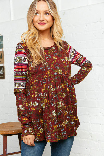 Burgundy Hacci Babydoll Ethnic Sleeve Top