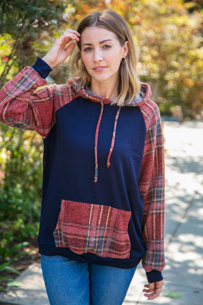 Navy Cashmere Feel Plaid Raglan Hoodie