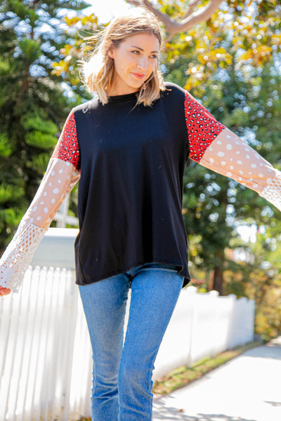 Leopard Color Block Lace Sleeve Knit Top