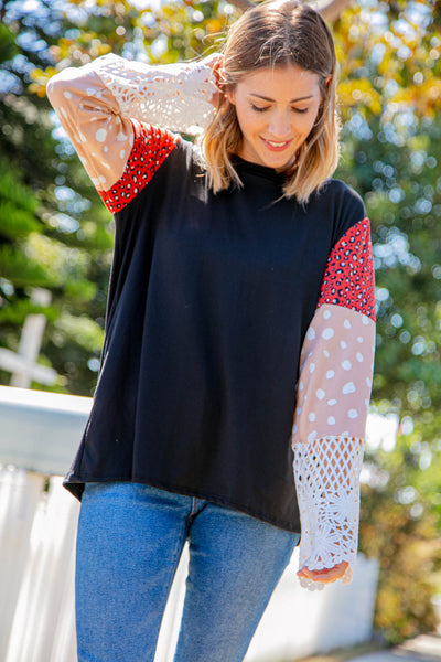 Leopard Color Block Lace Sleeve Knit Top