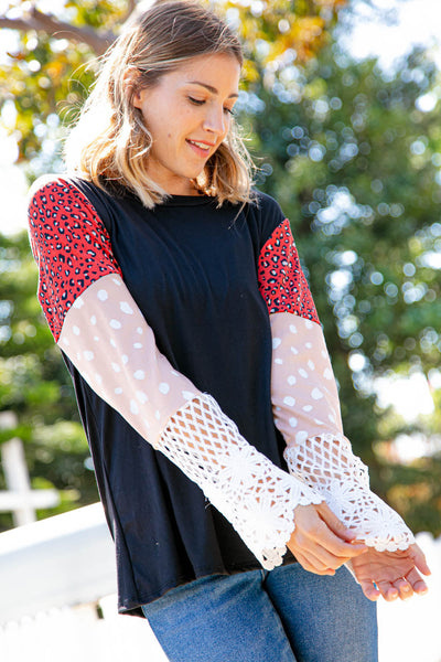 Leopard Color Block Lace Sleeve Knit Top