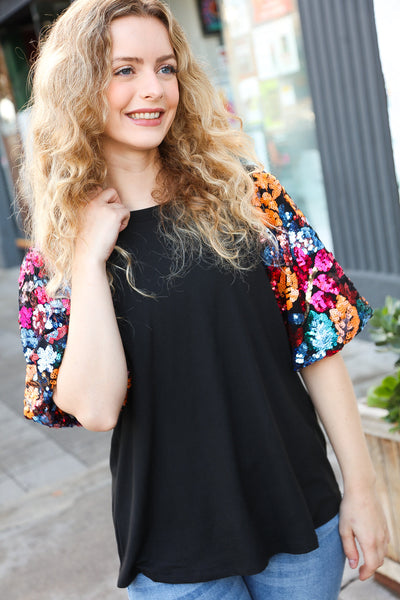 Glam Time Black Sequin Floral Puff Sleeve Top