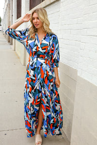Vacay Ready Blue Tropical Print Wrap Around Tie Waist Coverup Maxi