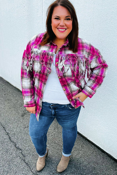 Magenta Plaid Fringe Button Down Shacket