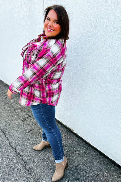 Magenta Plaid Fringe Button Down Shacket