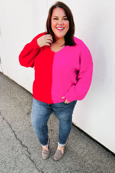 Red Fuchsia Half & Half V Neck Sweater