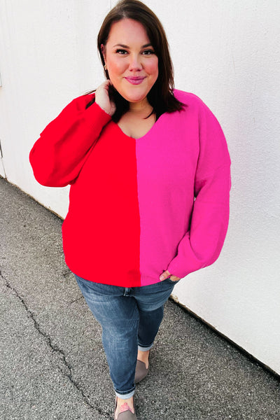 Red Fuchsia Half & Half V Neck Sweater