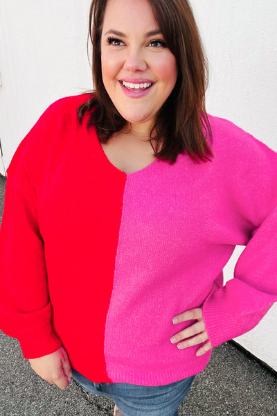 Red Fuchsia Half & Half V Neck Sweater