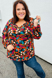 Magenta & Rust Boho Floral Bubble Sleeve Top