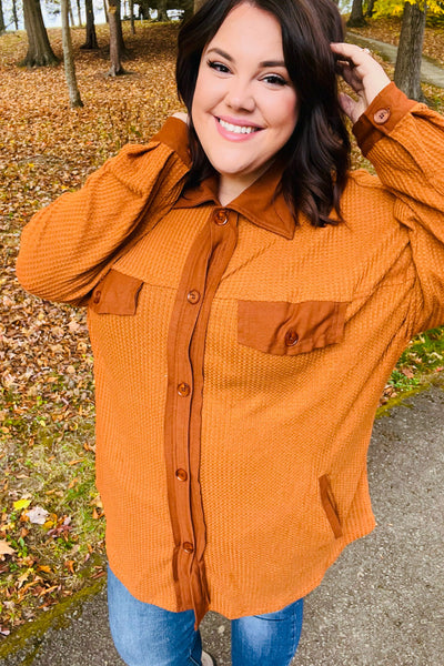 Only For You Rust Waffle Button Down Oversized Shacket