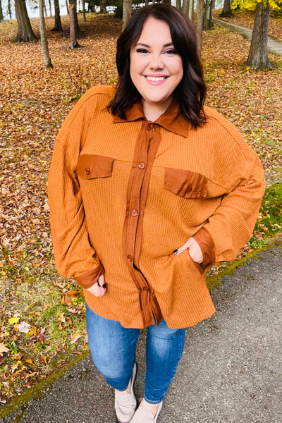 Only For You Rust Waffle Button Down Oversized Shacket