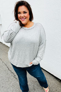 Heather Grey Drop Shoulder Bubble Sleeve Outseam Top