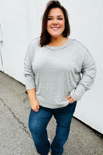 Heather Grey Drop Shoulder Bubble Sleeve Outseam Top