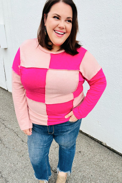 Pink/Blush Checkerboard Outseam Colorblock Sweater Top