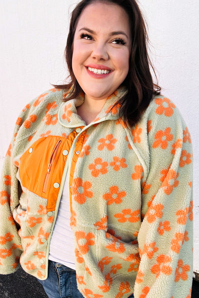 Spice Of Life Sage Flower Print Sherpa Button Down Jacket