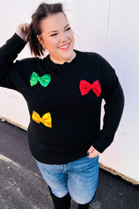 Be Merry Black Multicolor Sequin Bow Knit Sweater