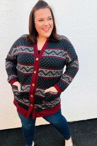 All Class Burgundy Holiday Print Button Cardigan