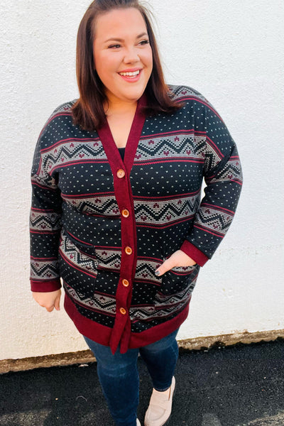 All Class Burgundy Holiday Print Button Cardigan