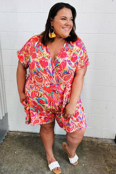 Vibrant Multicolor Floral Print Surplice Romper