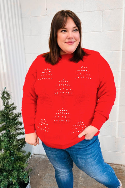 More The Merrier Red Pearl Christmas Tree Jacquard Sweater