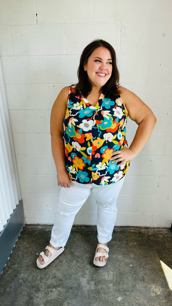 Navy Flat Floral Banded V Neck Sleeveless Top