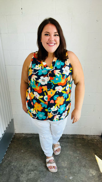 Navy Flat Floral Banded V Neck Sleeveless Top