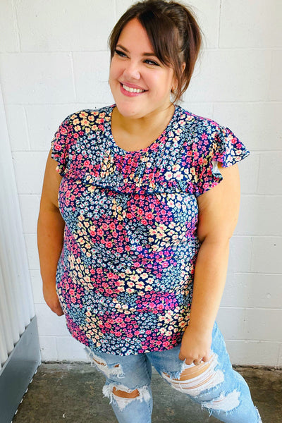 Navy Floral Print Frilled Short Sleeve Yoke Top